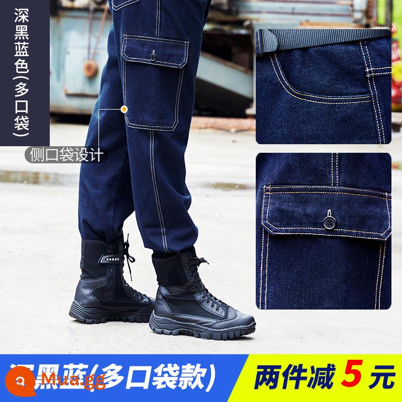 Quần công sở nam cotton nguyên chất chống mài mòn, rộng rãi, chuyên hàn, quần jeans chống bỏng, quần yếm bảo hộ lao động, quần yếm size lớn - Gia cố dây đôi màu xanh đậm (nhiều túi) để tăng độ bền