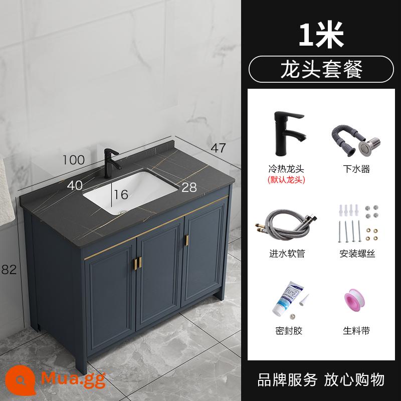 Tấm đá sàn -to -ceiling tay -cup Nội các kết hợp của không gian bằng nhôm trong phòng tắm rửa Basin Bàn tích hợp Bàn làm việc Phòng thẩm mỹ Bàn vệ sinh - Đá phiến đen 1 mét + vòi thoát nước vòi tròn màu đen trọn gói tủ màu xanh