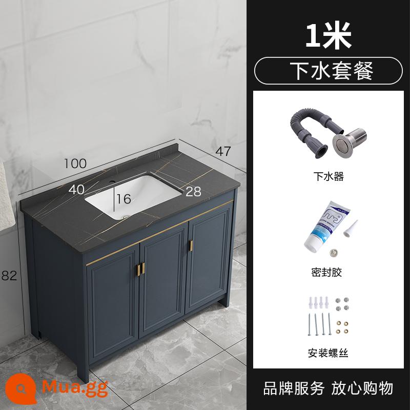 Tấm đá sàn -to -ceiling tay -cup Nội các kết hợp của không gian bằng nhôm trong phòng tắm rửa Basin Bàn tích hợp Bàn làm việc Phòng thẩm mỹ Bàn vệ sinh - Đá phiến đen 1 mét + tủ đứng màu xanh đặt sàn trọn gói nước