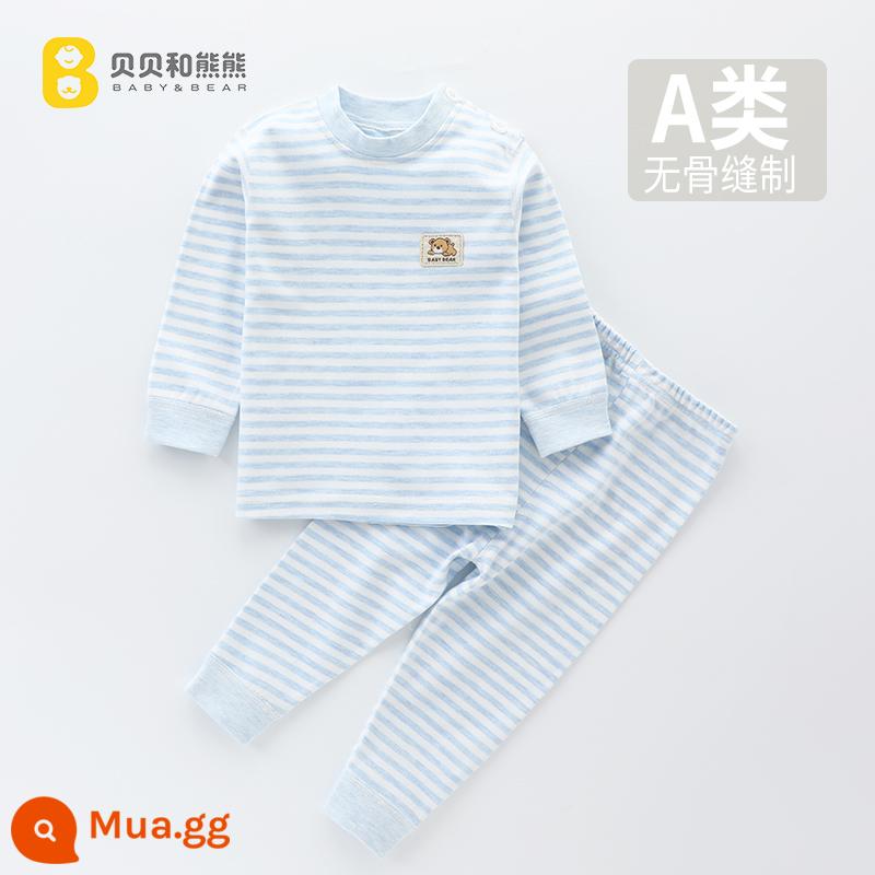 Bộ đồ lót trẻ em cotton nguyên chất quần áo mùa thu trẻ em quần vệ sinh quần áo bé trai và bé gái bé đáy đồ ngủ bên trong mùa xuân và mùa thu - Bộ vest không xương sọc xanh