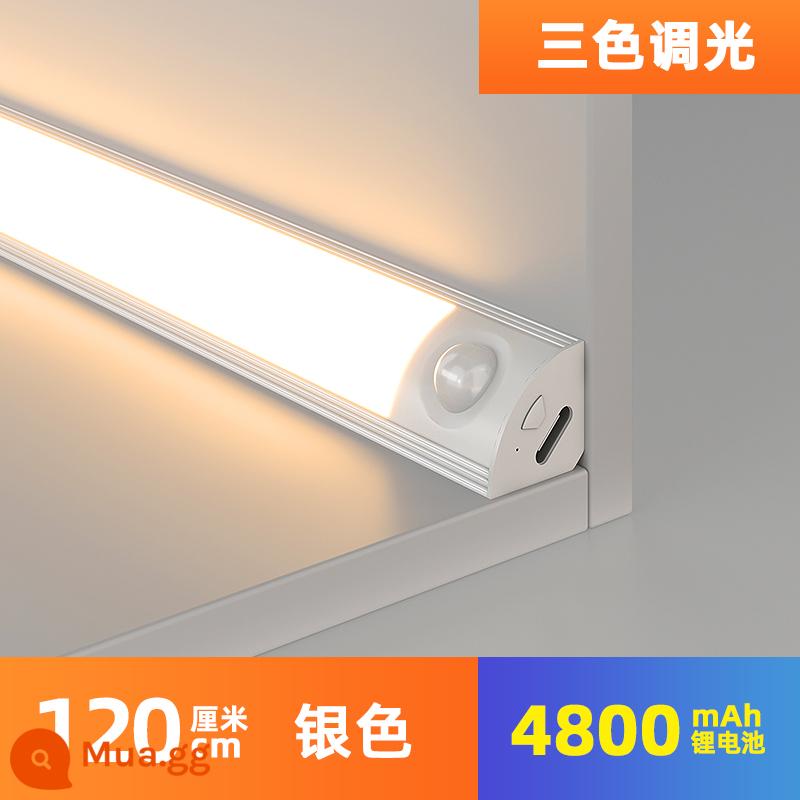 Đèn LED tủ rượu có đèn tổng thể tủ không dây cảm ứng tự dính, không dây, không dây, dải đèn lối vào tủ quần áo sạc từ tính - 120CM Bạc [Ánh sáng ba tông màu] - Model có thể sạc lại - Cơ thể con người + Cảm giác ánh sáng