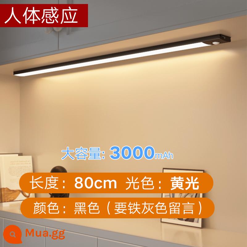 đèn led thanh ánh sáng cảm ứng cơ thể con người có thể sạc lại ánh sáng tủ tổng thể với tủ quần áo tủ rượu lối đi nhà bếp đèn hút từ tính tự dính không dây - Đen [ánh sáng ấm 80cm] + cảm biến cơ thể người