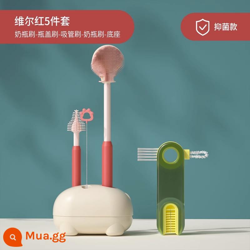 Bàn chải cọ rửa bình sữa cho bé hiện vật núm vú giả silicone đặc biệt ống hút bàn chải cọ rửa bộ cọ rửa bình sữa súc rửa - [Nano Bạc Kháng Khuẩn] Bộ 4 món - Weil Red + Bàn chải nắp cốc 3 trong 1 + Đầu bàn chải có thể thay thế miễn phí