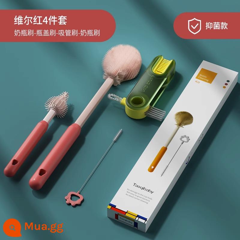 Bàn chải cọ rửa bình sữa cho bé hiện vật núm vú giả silicone đặc biệt ống hút bàn chải cọ rửa bộ cọ rửa bình sữa súc rửa - [Nano Silver Kháng khuẩn] Bộ ba món - Weir Red + Bàn chải nắp cốc 3 trong 1 + Đầu bàn chải có thể thay thế miễn phí