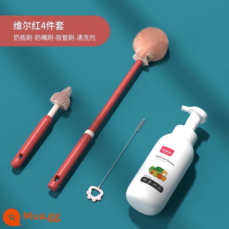 Bàn chải cọ rửa bình sữa cho bé hiện vật núm vú giả silicone đặc biệt ống hút bàn chải cọ rửa bộ cọ rửa bình sữa súc rửa - Bộ vệ sinh bốn món - Weil Red* + đầu bàn chải thay thế miễn phí