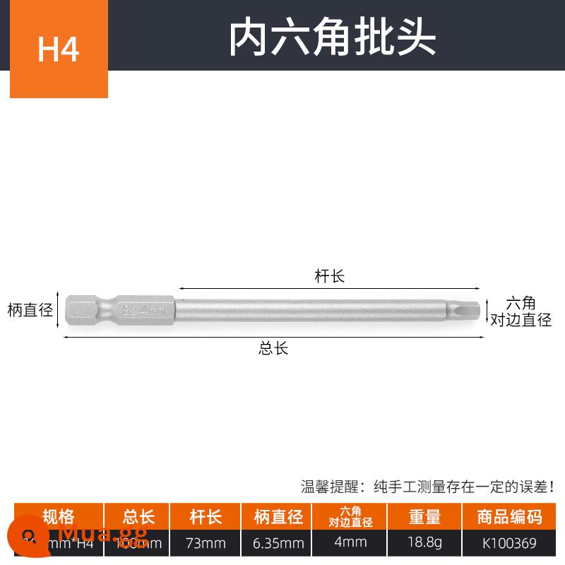 Máy khoan điện hình lục giác chéo mở rộng đầu tuốc nơ vít khí nén từ tính mạnh hoa mận bộ tuốc nơ vít điện có độ cứng cao đầu tuốc nơ vít - Hình lục giác bên trong [H4]*100mm