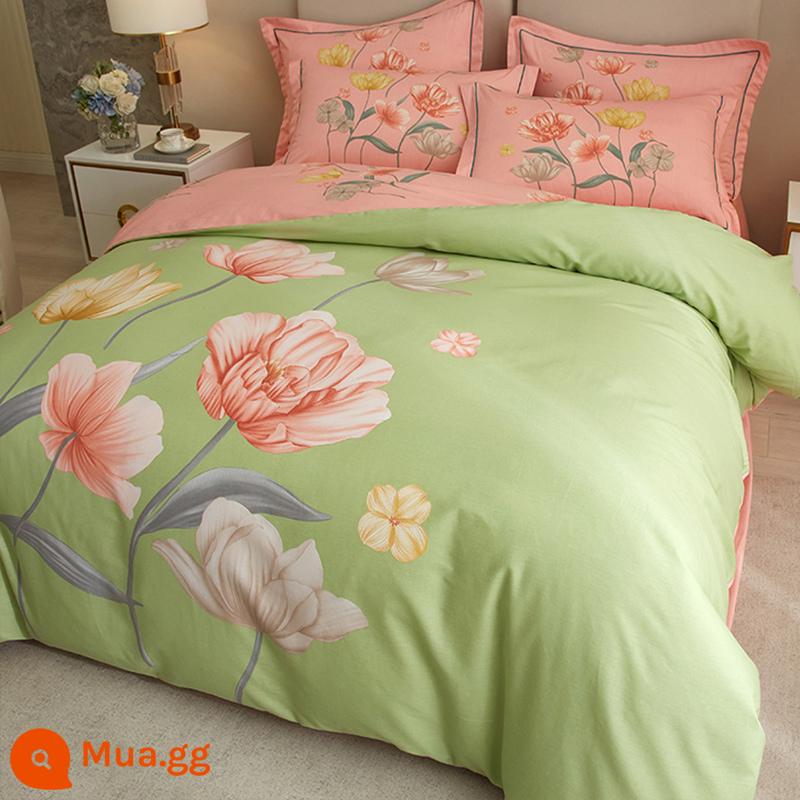 Phong Cách Trung Hoa Bộ 4 Bộ Ga Giường Cotton Vỏ Chăn Trang Bị Tấm 100 Đơn Giản Phong Cách Bắc Âu Chăn Ga Gối 4 Bộ 3 - Feilan-xanh-glf