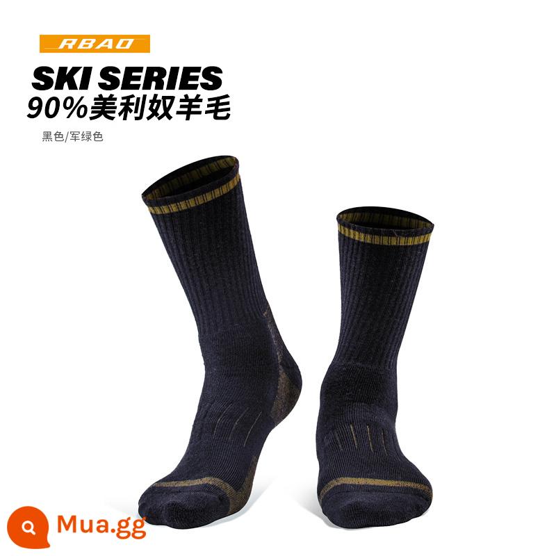 Vớ leo núi RBAO, Meru Nu Wool Men, Winter Plus Velvet dày Mid -Tube leo núi ngoài trời đi bộ đường dài 90%vớ len - [Mẫu 3335B] Đen/Xanh quân đội [90% Len Merino] Đơn và Đôi