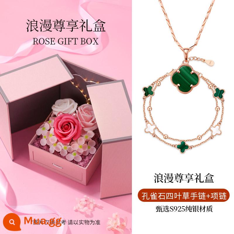 Malachite Cỏ Bốn Lá Vòng Tay Bạc Nữ Vòng Tay Bạc 2022 Cặp Đôi Mới Lễ Tình Nhân Quà Tặng Sinh Nhật Bé Gái - Tay cỏ bốn lá Malachite + vòng cổ + hộp quà độc quyền lãng mạn