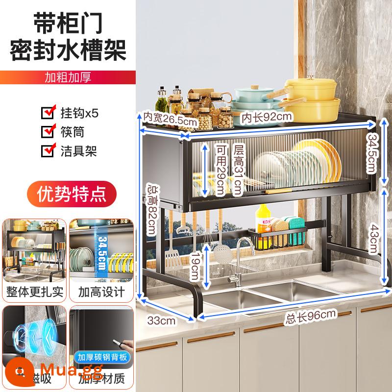 Shuaishi với cửa giá đỡ bồn rửa mặt bàn bếp có thể thu vào tủ đựng bát đĩa bên hồ bơi làm khô bát đĩa thoát nước có giá để đồ - [96CM]Đen+Lồng Đũa+Rổ Dụng Cụ Vệ Sinh