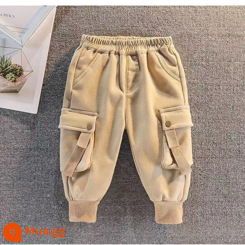 Bé quần nỉ trẻ em quần áo thu đông quần cotton thời trang bé trai dày ấm cho bé áo khoác ngoài trẻ em áo liền quần - Quần yếm vải lông cừu tổng hợp kaki