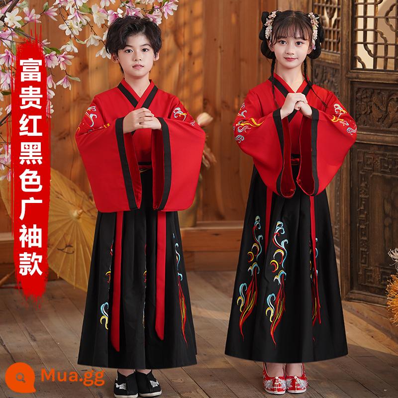 Sáu mốt Hanfu nam và trẻ em đồng phục học sinh Trung Quốc cổ đại Kinh thánh ba ký tự biểu diễn quần áo nữ Sách phong cách Trung Quốc trẻ em học sinh tiểu học - Tay áo rộng màu đỏ và đen phong phú