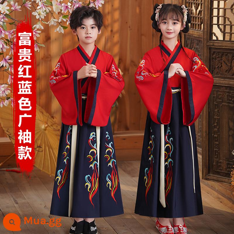 Sáu mốt Hanfu nam và trẻ em đồng phục học sinh Trung Quốc cổ đại Kinh thánh ba ký tự biểu diễn quần áo nữ Sách phong cách Trung Quốc trẻ em học sinh tiểu học - Tay áo rộng màu đỏ và xanh đậm