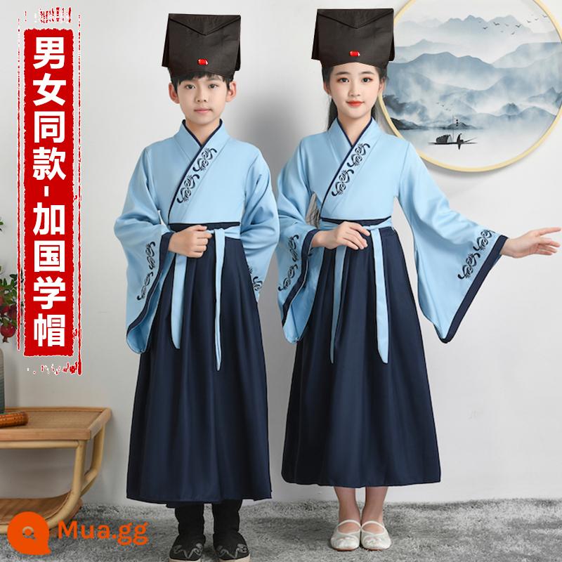 Sáu mốt Hanfu nam và trẻ em đồng phục học sinh Trung Quốc cổ đại Kinh thánh ba ký tự biểu diễn quần áo nữ Sách phong cách Trung Quốc trẻ em học sinh tiểu học - Tay áo rộng màu xanh + Mũ học tiếng Trung