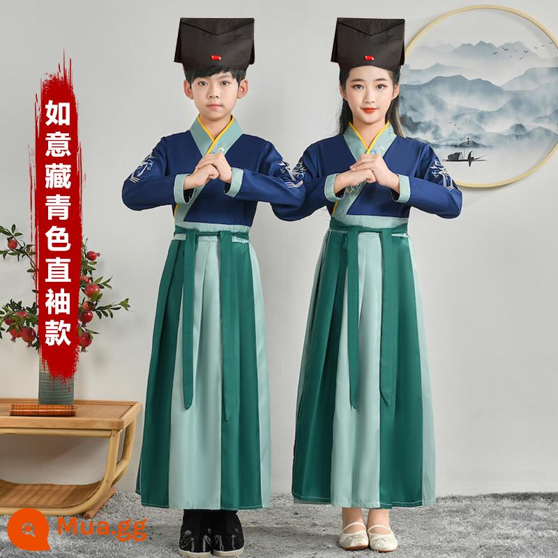 Sáu mốt Hanfu nam và trẻ em đồng phục học sinh Trung Quốc cổ đại Kinh thánh ba ký tự biểu diễn quần áo nữ Sách phong cách Trung Quốc trẻ em học sinh tiểu học - Kiểu tay áo thẳng màu xanh hải quân Như Ý + Mũ nghiên cứu Trung Quốc