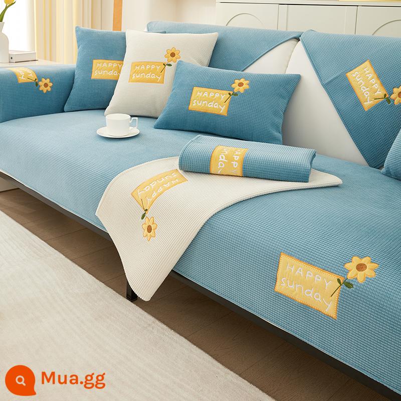 Sofa Đệm Bốn Mùa Đa Năng Đệm Ghế Chống Trơn Trượt Đơn Giản Hiện Đại Hoạt Hình Đệm Ghế Sofa Bao Gồm Tất Cả Đa Năng Bọc Vải - Màu xanh hướng dương