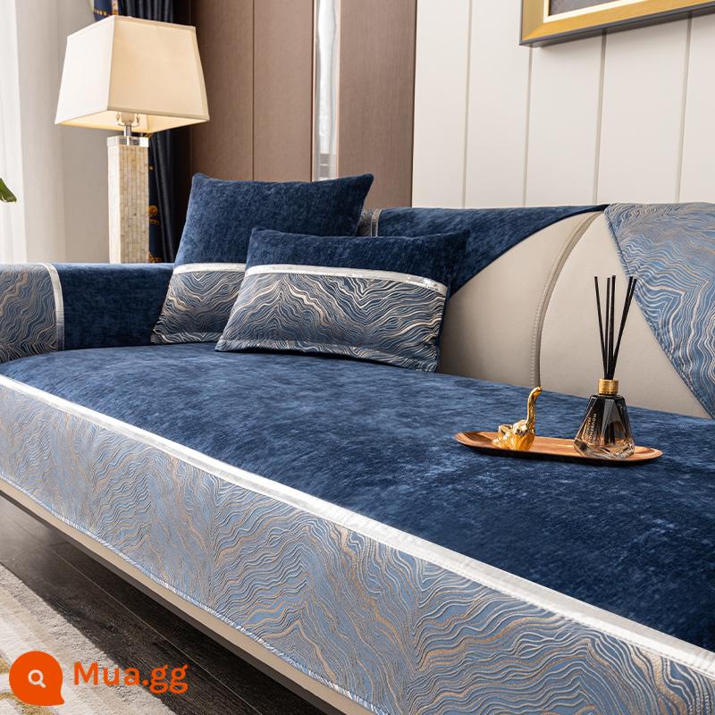 Đệm sofa phong cách sang trọng màu đen ánh sáng bốn mùa phổ thông đơn giản hiện đại cao cấp thời trang sang trọng chống trượt bọc ghế sofa da khăn - Anlan xanh