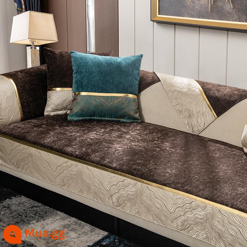 Đệm sofa phong cách sang trọng màu đen ánh sáng bốn mùa phổ thông đơn giản hiện đại cao cấp thời trang sang trọng chống trượt bọc ghế sofa da khăn - Anlan nâu