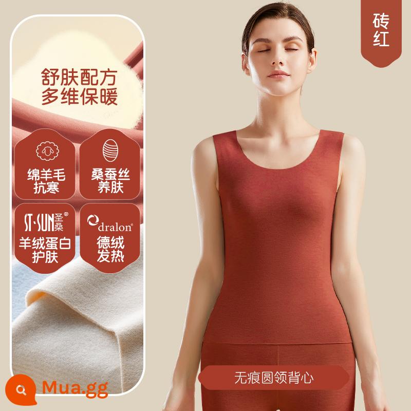 Jianyun Wool Deer Heat Hermond Vest nam mặc quần áo với đồ lót lụa nhung. Mùa đông vai - [Len Silk x Nhung Đức x Cashmere Protein] Cổ Tròn - Đỏ Gạch (Nữ)