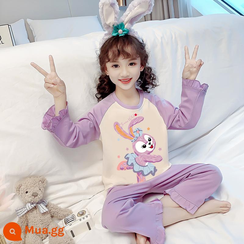 Bộ đồ ngủ trẻ em cotton nguyên chất mùa xuân và mùa thu bé gái trung và lớn cotton bé gái bộ quần áo mặc nhà dài tay cho bé - Thỏ sao 8028-Y1