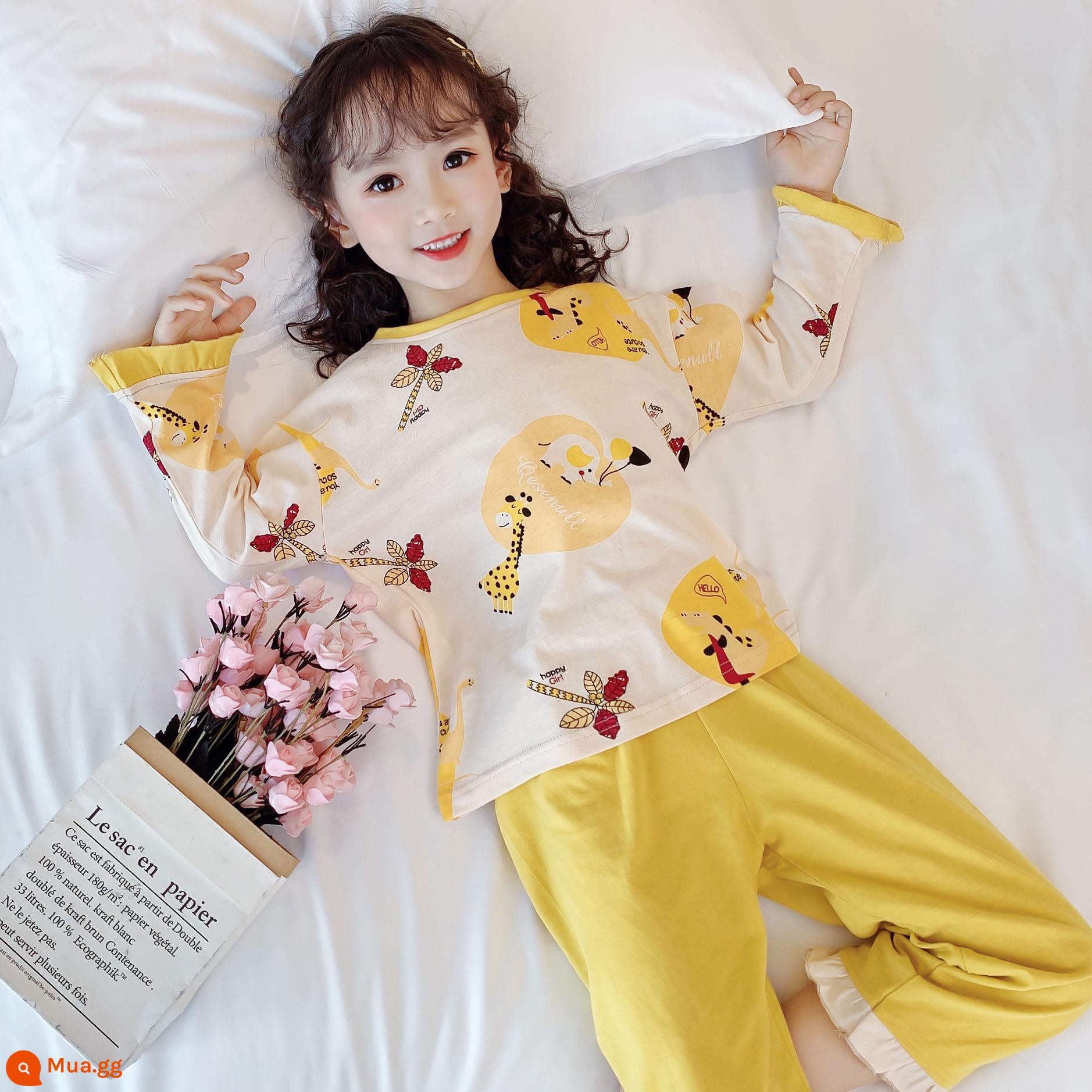 Bộ đồ ngủ trẻ em cotton nguyên chất mùa xuân và mùa thu bé gái trung và lớn cotton bé gái bộ quần áo mặc nhà dài tay cho bé - C12 dài tay màu vàng voi