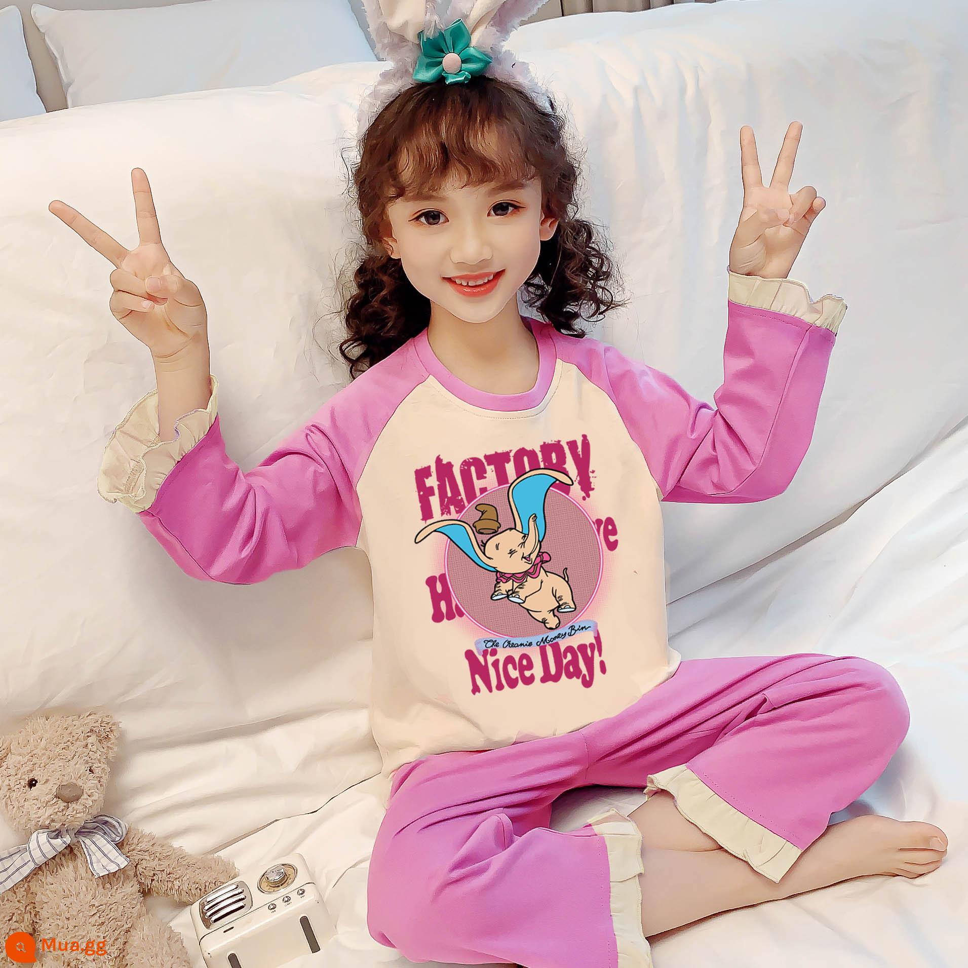 Bộ đồ ngủ trẻ em cotton nguyên chất mùa xuân và mùa thu bé gái trung và lớn cotton bé gái bộ quần áo mặc nhà dài tay cho bé - 8036-Con voi nhỏ màu đỏ hồng