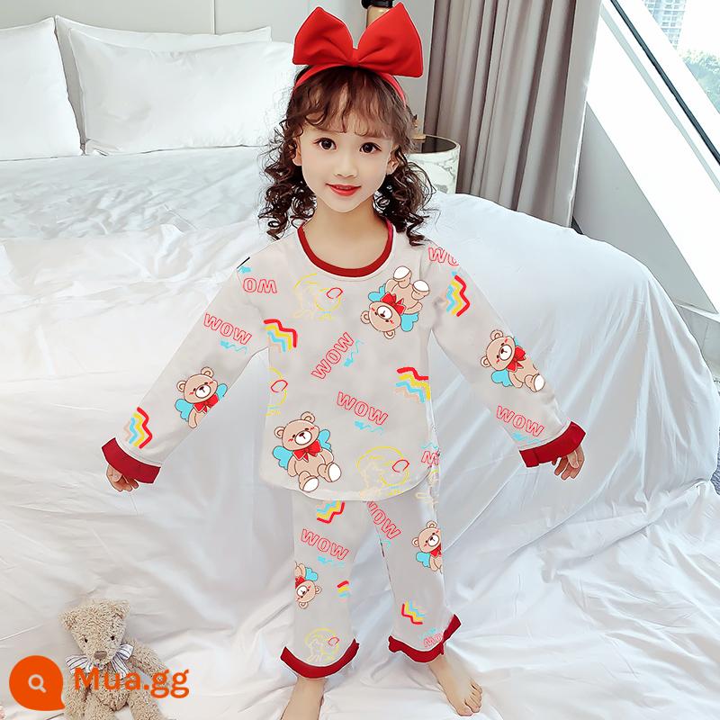 Bộ đồ ngủ trẻ em cotton nguyên chất mùa xuân và mùa thu bé gái trung và lớn cotton bé gái bộ quần áo mặc nhà dài tay cho bé - 8035-Thiên Thần Gấu