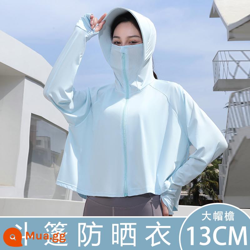 Quần Áo Chống Nắng Mới 2023 Áo Khoác Cardigan Mỏng Mùa Hè Có Mũ Trùm Đầu Dài Tay Rời Băng Lụa Sinh Viên Quần Áo Chống Nắng Thoáng Khí - Vành lớn - xanh da trời