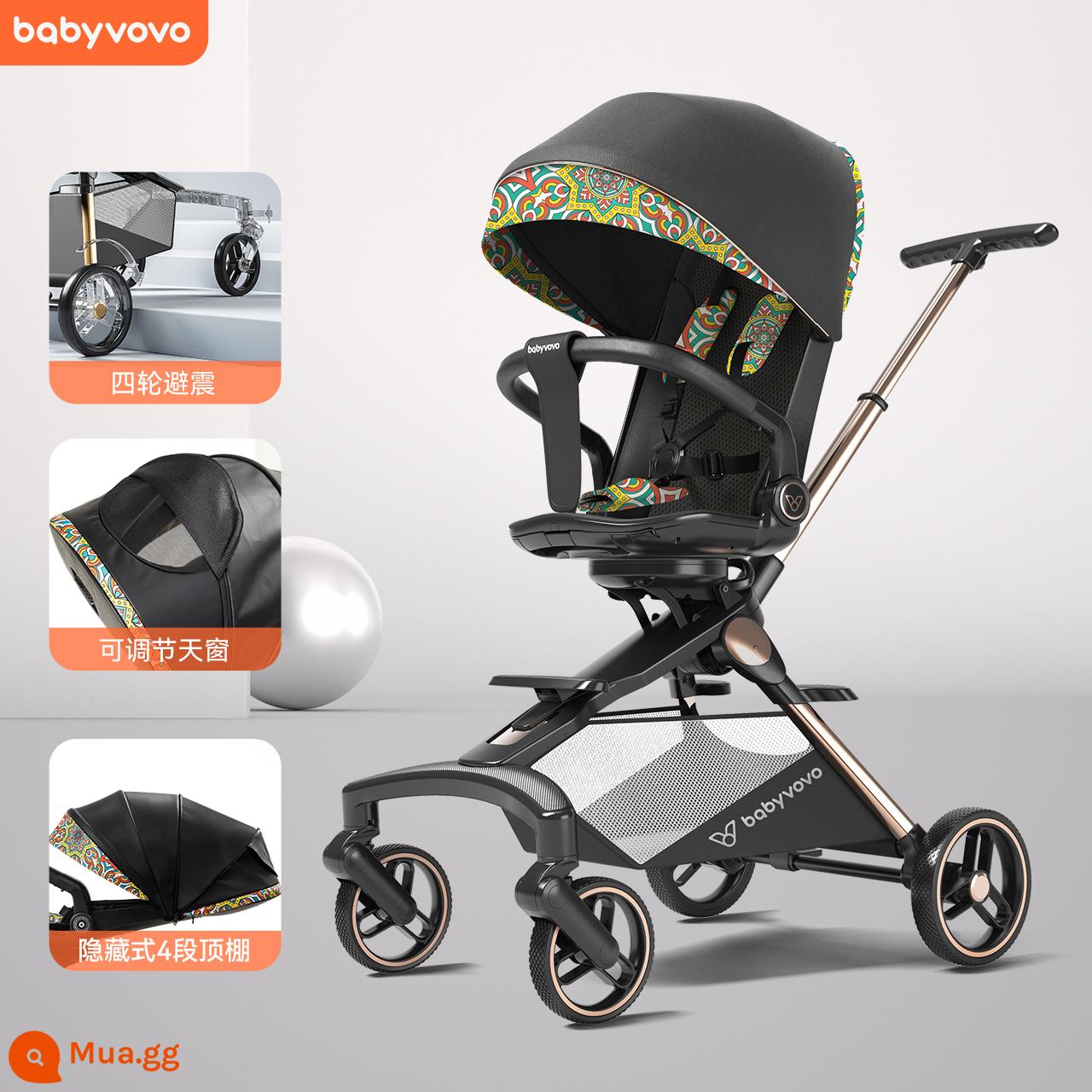 Babyvovo bé đi hiện vật V9 có thể ngồi và nằm 2 chiều xe đẩy em bé nhẹ gấp cao phong cảnh xe đẩy em bé - Phiên bản cao cấp Mandala Black - thế hệ thứ ba (giảm xóc độc lập 4 bánh + mui da nhẹ sang trọng + cửa sổ trời đóng)