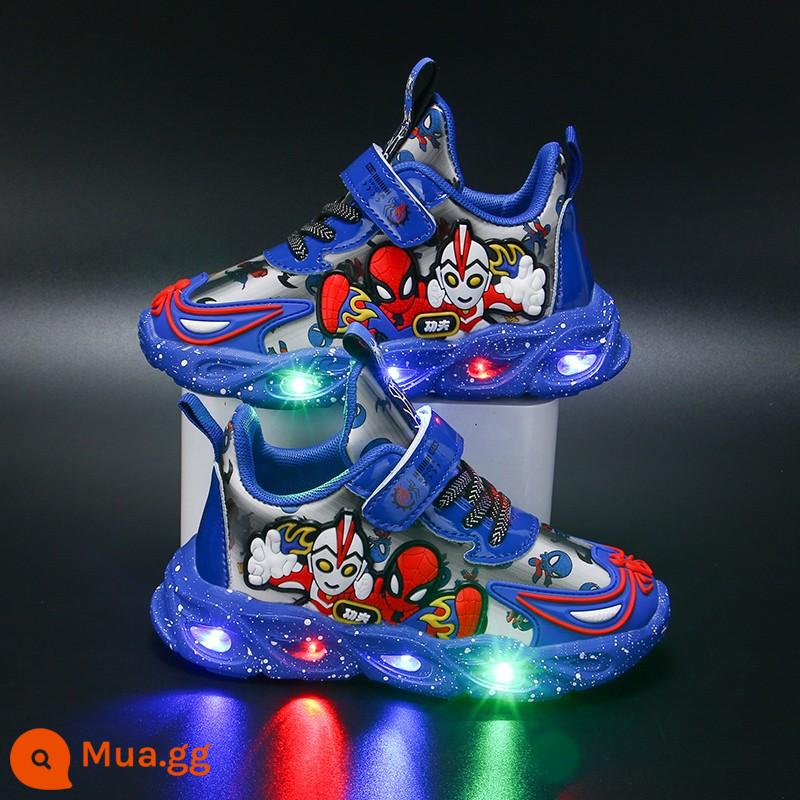 Li-Ning Hydrogen Cloud đồng thương hiệu Ultraman 2024 mùa xuân trẻ em bọc da giày phát sáng cho bé trai có đèn - Giày da xanh LT-913