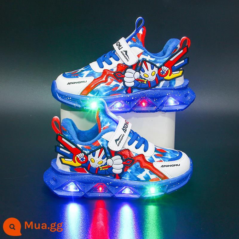 Li-Ning Hydrogen Cloud đồng thương hiệu Ultraman 2024 mùa xuân trẻ em bọc da giày phát sáng cho bé trai có đèn - Giày da trắng xanh LT-877