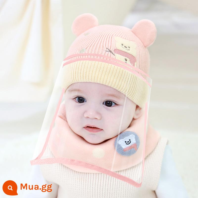 Mũ thu đông mũ bảo vệ bé mũ len trẻ em bé trai bé gái 0-6 tháng khẩu trang chống gió phòng dịch - Snowman Bear-Art Pink [Lớp lót bằng cotton nguyên chất]