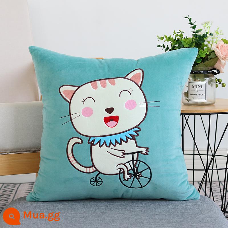 Hoạt Hình Dễ Thương Gối Sofa Đệm Giường Văn Phòng Tựa Lưng Ô Tô Gối Vuông Gối Không Lõi - Mèo xe đạp (ngọc lam)