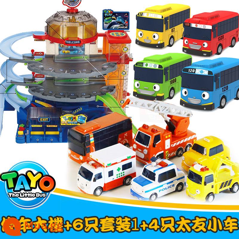 TAYO Little Taiyou Bus Quán tính Trẻ em Bé trai Gianni Leni Nhà để xe trung tâm Bộ tòa nhà - Bộ giảm giá [tòa nhà đỗ xe + 4 xe buýt + 6 bộ]