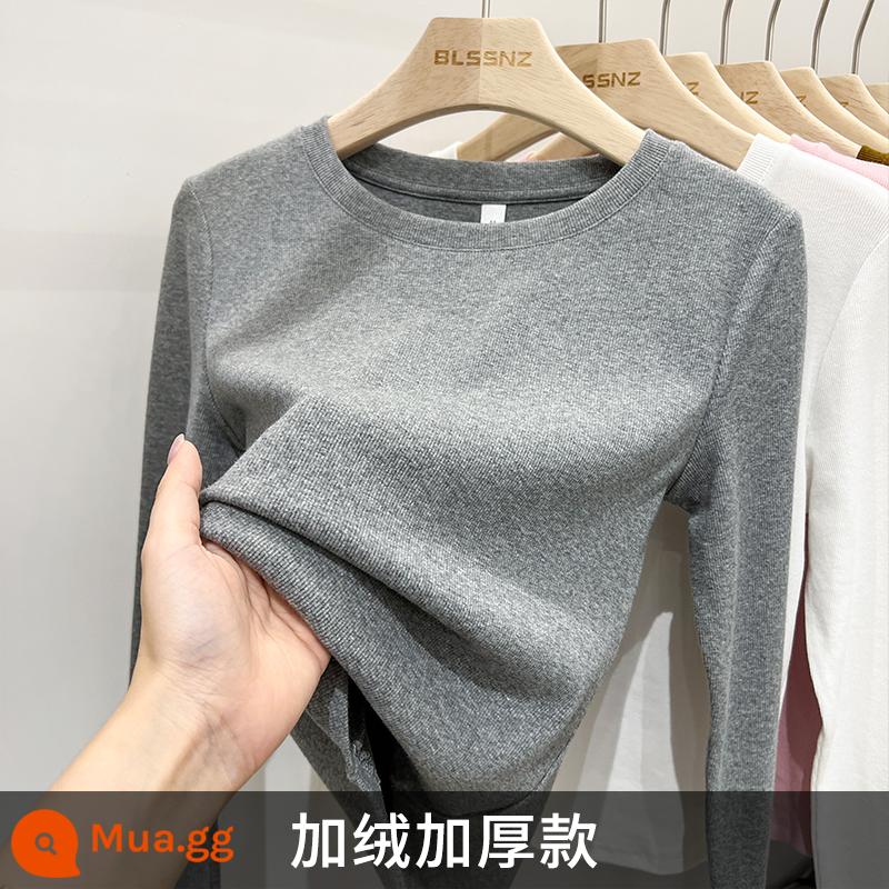 Áo thun dài tay cotton nguyên chất cho nữ đầu thu 2023 mới cổ tròn cổ tròn áo phông phối nhung đáy nhung cho nữ mặc vào mùa thu đông - [Mô hình hoa màu xám cộng với nhung và dày]