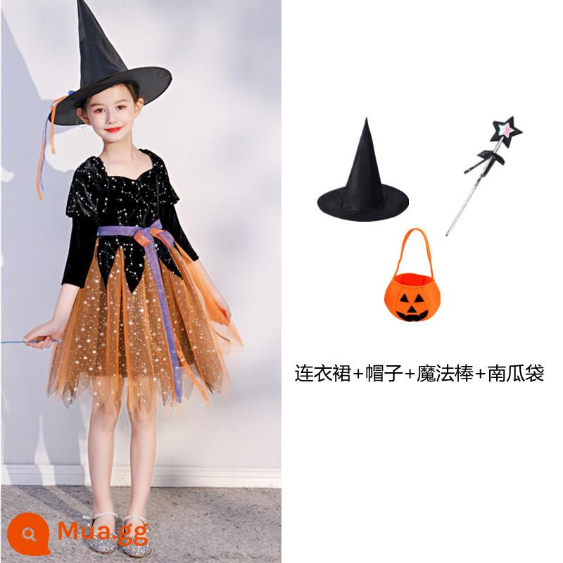 Trang phục Halloween trẻ em, trang phục phù thủy, váy phù thủy bé gái, trang phục cosplay kinh dị, trang phục ma cà rồng - Váy cam + mũ + đũa thần + túi bí ngô