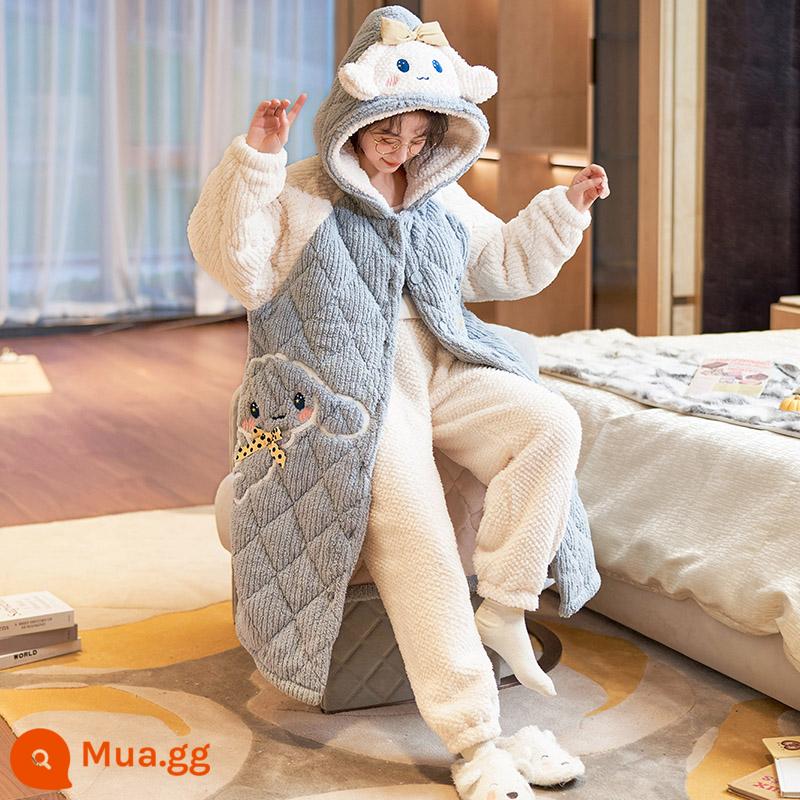 Bộ đồ ngủ ba pyjamas nữ mùa thu và mùa đông san hô dày - 12030 Chó tai to (quần lông cừu)