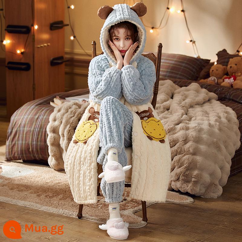 Bộ đồ ngủ ba pyjamas nữ mùa thu và mùa đông san hô dày - 6133 Gấu Nâu (quần lông cừu)