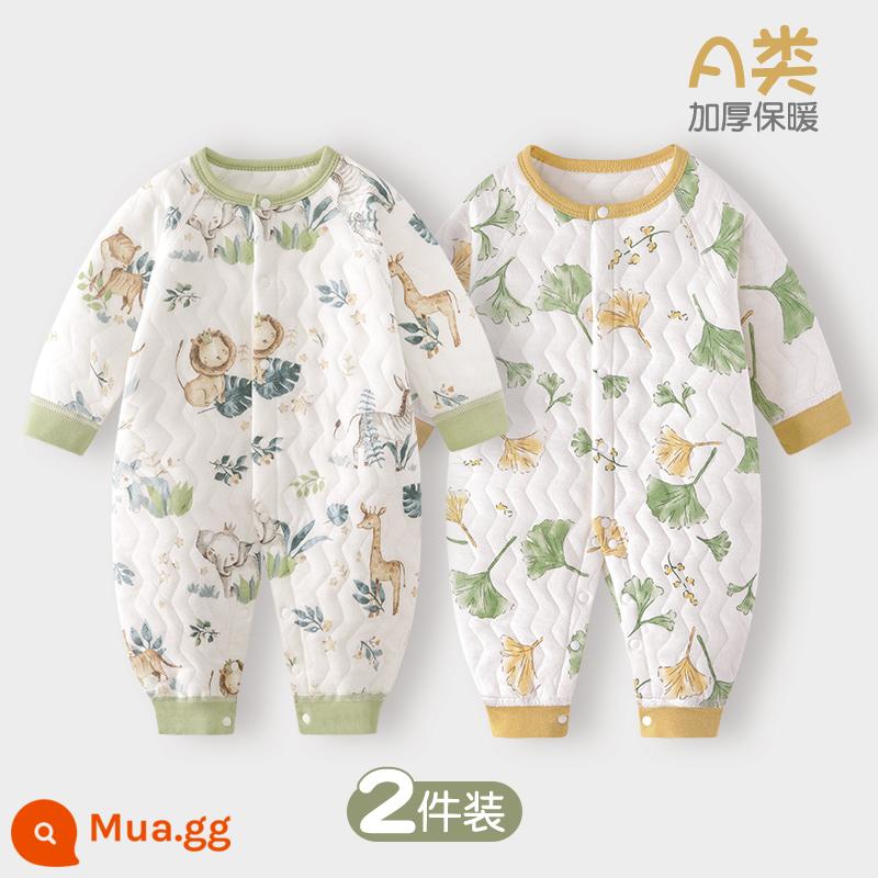 Jumpsuit cho bé mùa xuân, mùa thu và mùa đông mùa đông ấm áp chần bông mùa thu quần áo sơ sinh đầu mùa thu cho bé dày lên phù hợp với - Rừng mưa nhiệt đới + Ginkgo Chào mừng | 2 miếng