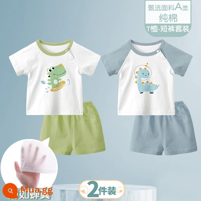 Bộ đồ ngắn tay mùa hè cho bé quần short bé cotton mỏng sơ sinh quần áo hai mảnh mùa hè bé trai và bé gái - [Bộ đồ tay ngắn] Lướt sóng + Khủng long xanh/2 món