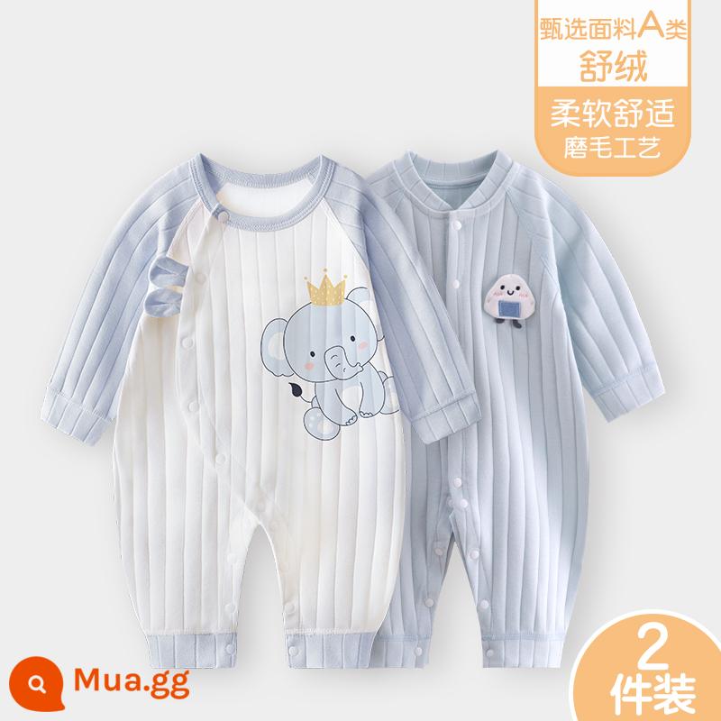 Áo liền quần cho bé Shuvelvet cotton sơ sinh ấm áp mùa xuân và mùa thu đông đi chơi romper quần áo trẻ em bộ đồ thu đông - [Shu Rong] Vua Voi + Xanh