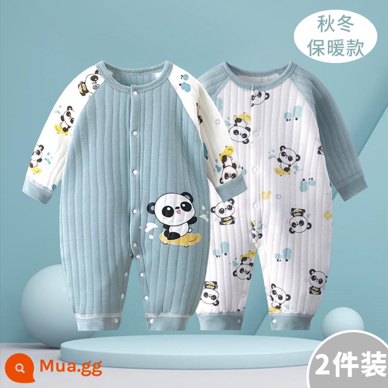 Áo liền quần cho bé mùa xuân ấm áp và mùa thu đông quần áo cotton mùa thu quần áo sơ sinh bé tập bò quần áo áo liền quần làm dày phù hợp với - Panda A + Panda B | 2 mảnh ấm áp