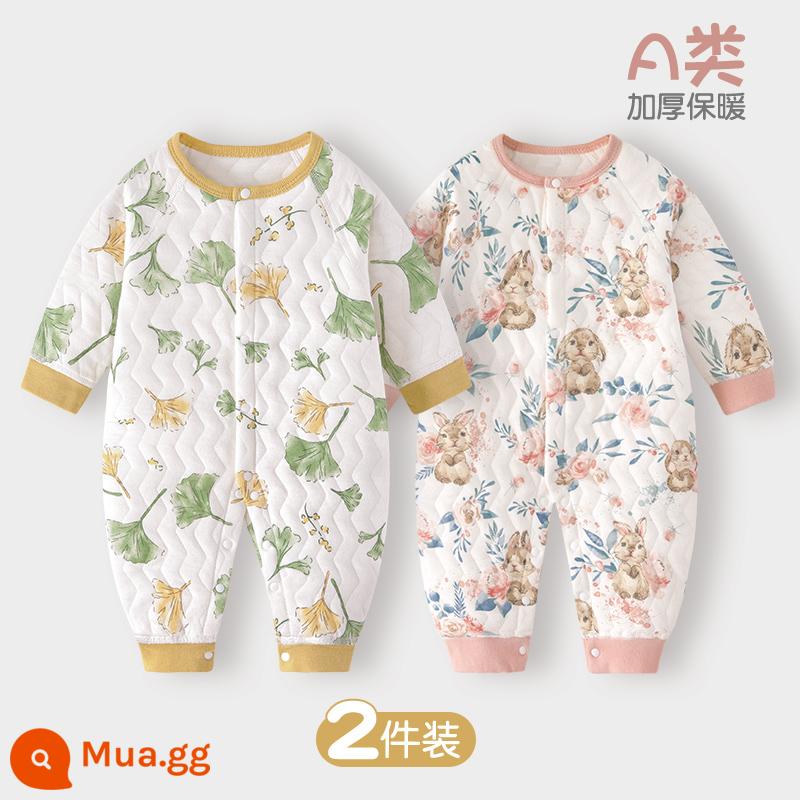 Jumpsuit cho bé mùa xuân, mùa thu và mùa đông mùa đông ấm áp chần bông mùa thu quần áo sơ sinh đầu mùa thu cho bé dày lên phù hợp với - Bạch quả Yingfu + Thỏ vườn | 2 miếng