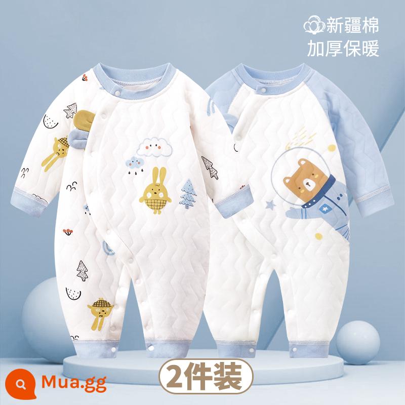 Quần áo cotton cho bé mùa đông áo liền quần dày mùa xuân và mùa thu mùa đông phù hợp với trẻ sơ sinh chần bông ấm áp cho bé quần áo - Forest C+ Gấu xanh dễ thương | Ấm áp 2 miếng