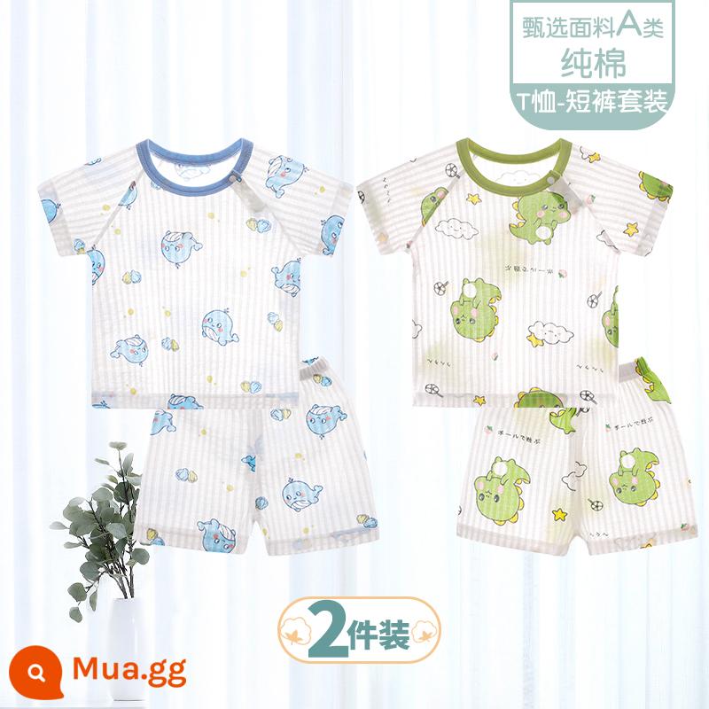 Bộ đồ ngắn tay mùa hè cho bé quần short bé cotton mỏng sơ sinh quần áo hai mảnh mùa hè bé trai và bé gái - [Bộ đồ ngắn tay] Cá voi bong bóng + Khủng long xanh/2 chiếc