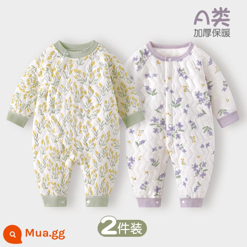 Jumpsuit cho bé mùa xuân, mùa thu và mùa đông mùa đông ấm áp chần bông mùa thu quần áo sơ sinh đầu mùa thu cho bé dày lên phù hợp với - Tai lúa mì + chữ chuông gió | 2 cái