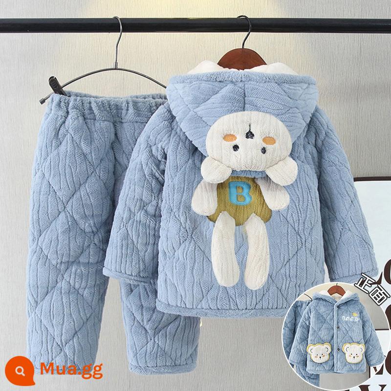 Bộ đồ ngủ trẻ em mùa đông dày bé gái Plus nhung chần bông flannel phù hợp với bé gái mùa đông san hô trang nhà quần áo - H183-Gấu xanh nhạt dễ thương