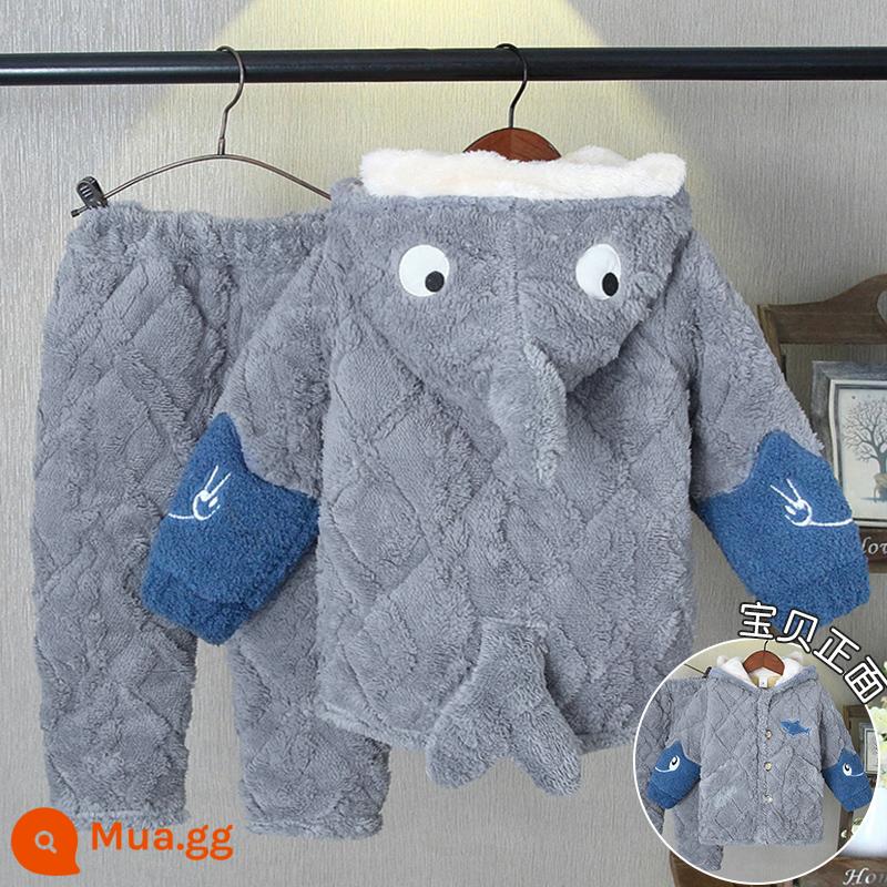 Bộ đồ ngủ trẻ em mùa đông dày bé gái Plus nhung chần bông flannel phù hợp với bé gái mùa đông san hô trang nhà quần áo - H139-Mẫu tóc dài cá mập xám nhạt