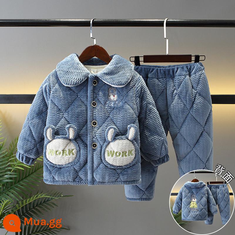 Bộ đồ ngủ trẻ em mùa đông dày bé gái Plus nhung chần bông flannel phù hợp với bé gái mùa đông san hô trang nhà quần áo - H43-Blue WORK cổ vuông hình thỏ