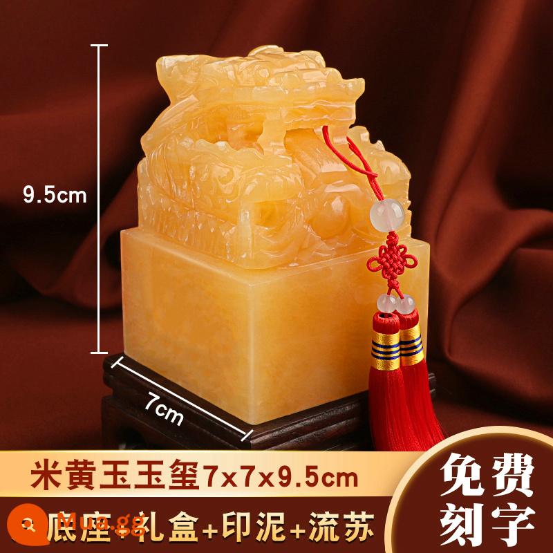 Afghan White Jade Cửu Long SEAL SEAL DECOCTION - Topaz màu be 7x9.5 cm (kèm đế + hộp quà + miếng mực + tua rua)